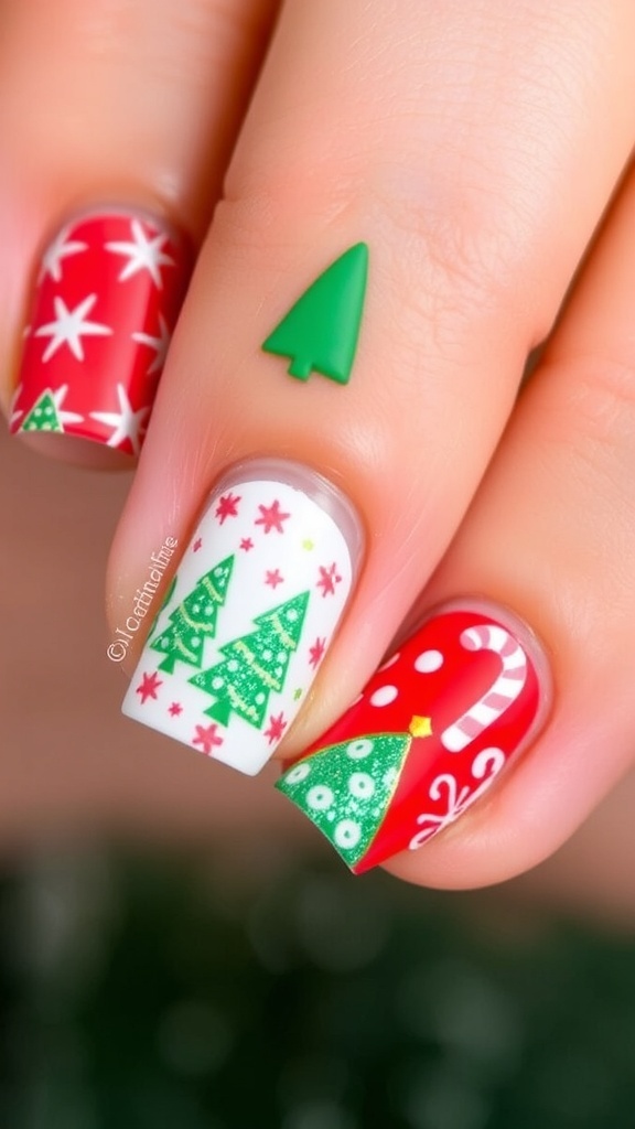 Short nails with ugly Christmas designs in red and green, featuring snowflakes and trees.